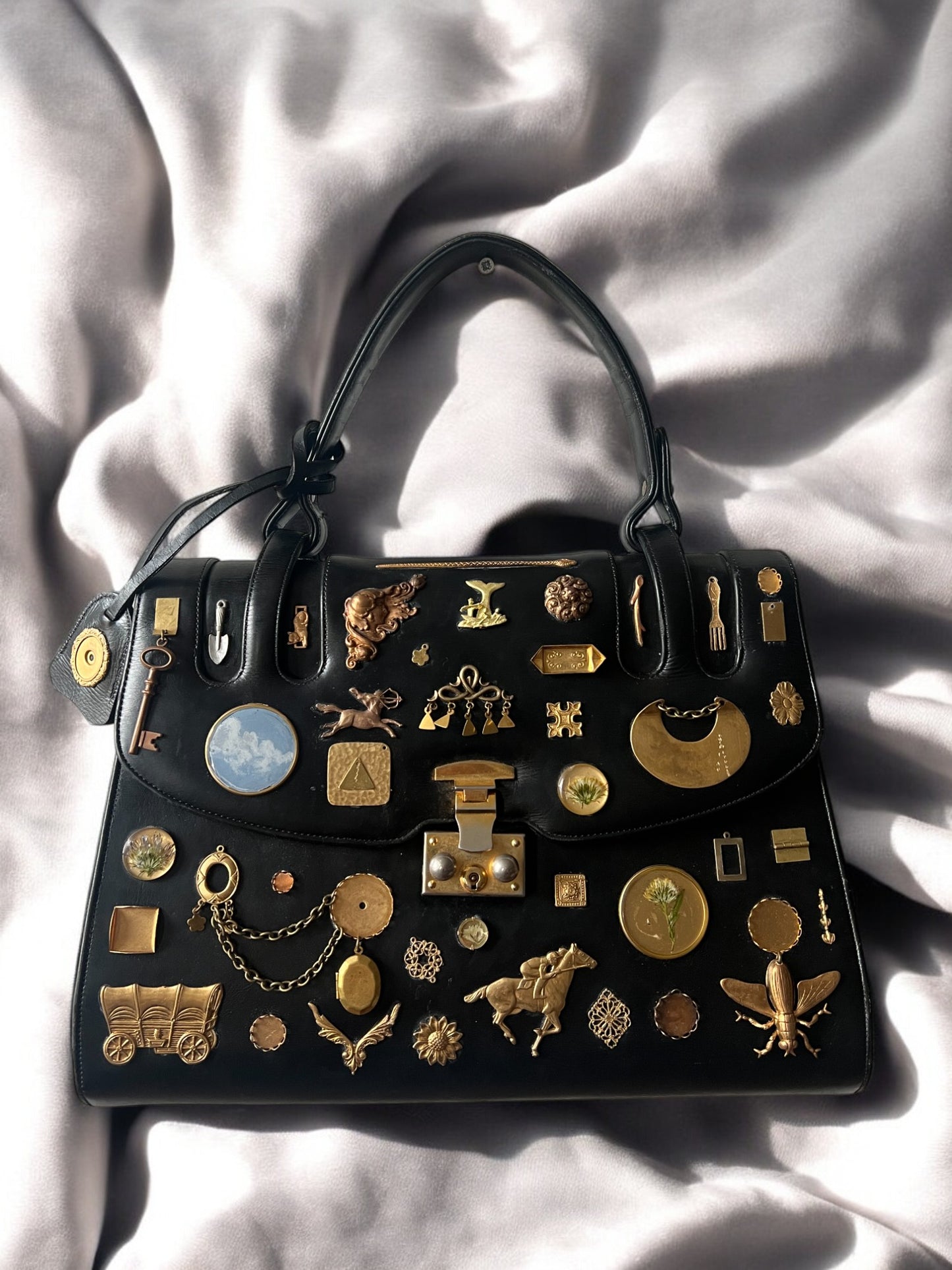 1970s Black Leather Large ‘Gathered Charm’ Bag