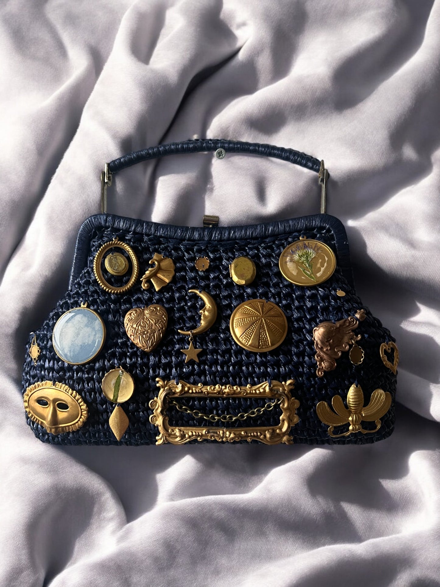 1960s Navy Raffia ‘Gathered Charm’ Bag