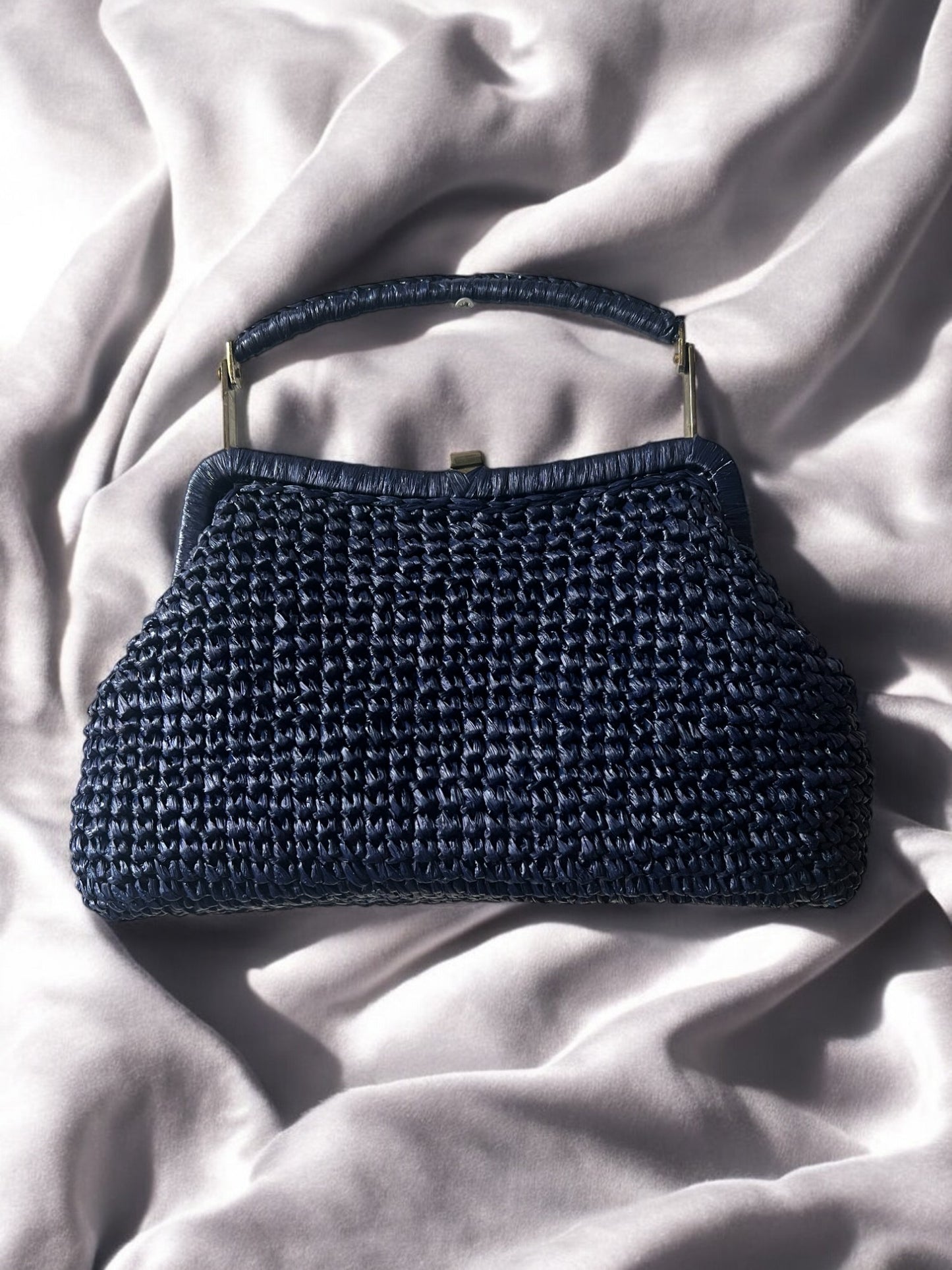1960s Navy Raffia ‘Gathered Charm’ Bag