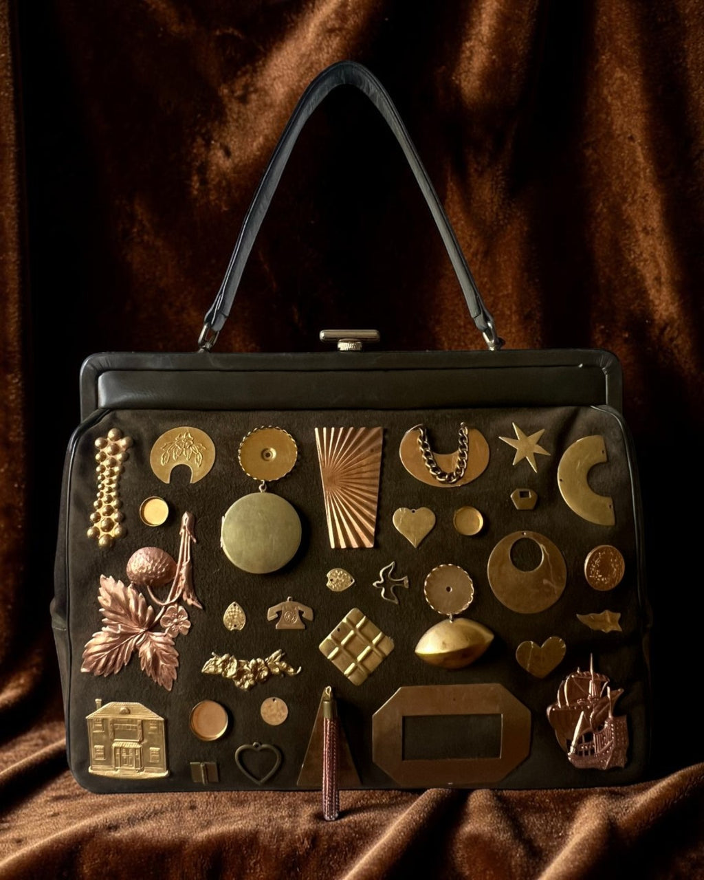 1950s Olive Suede Gathered Charm Bag