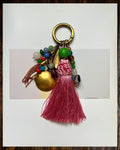 MIRTH Pink #1 beaded keychain and bag charm with large pink tassel, vintage beads and brass-toned details