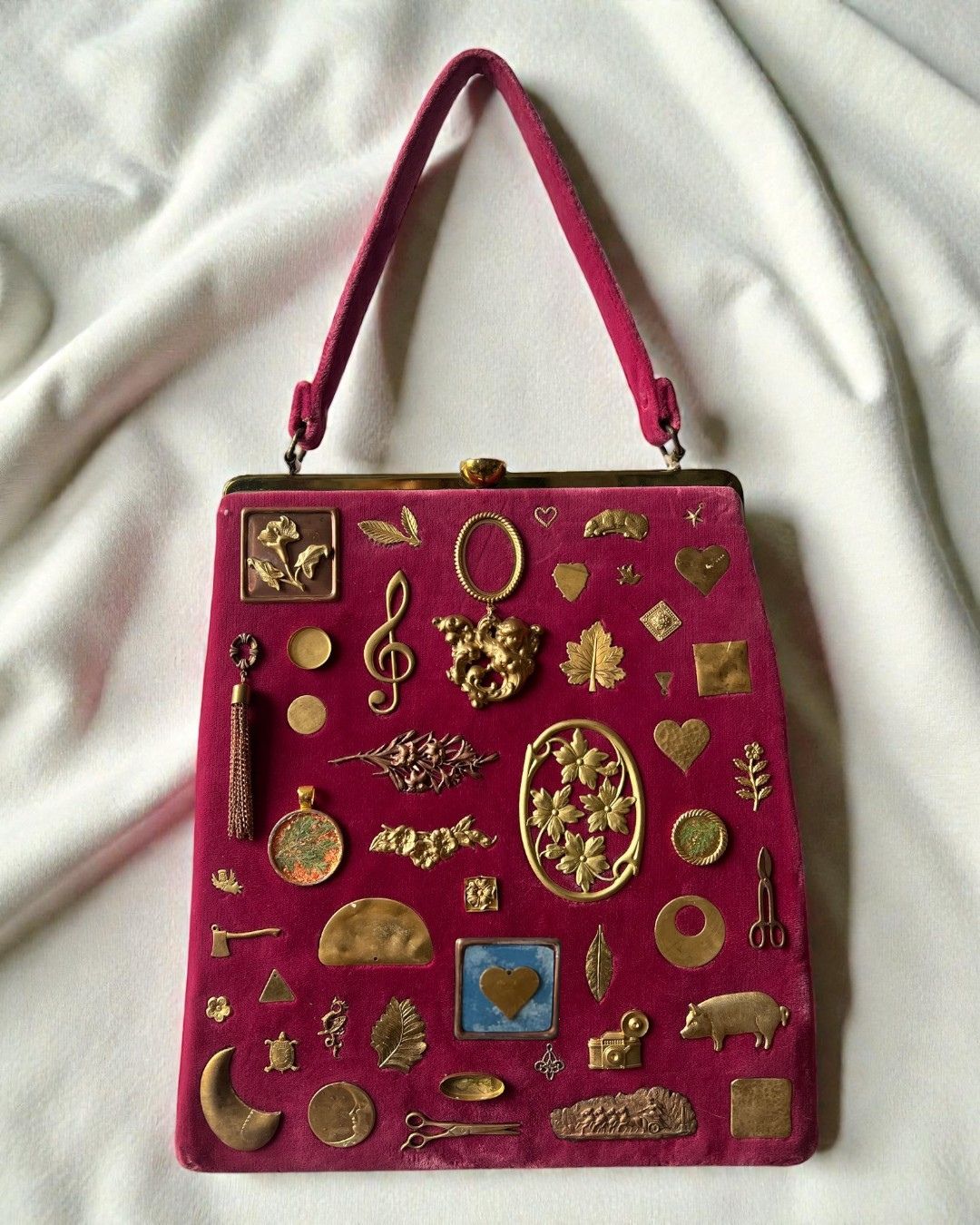 1940s Raspberry Velvet Gathered Charm Bag