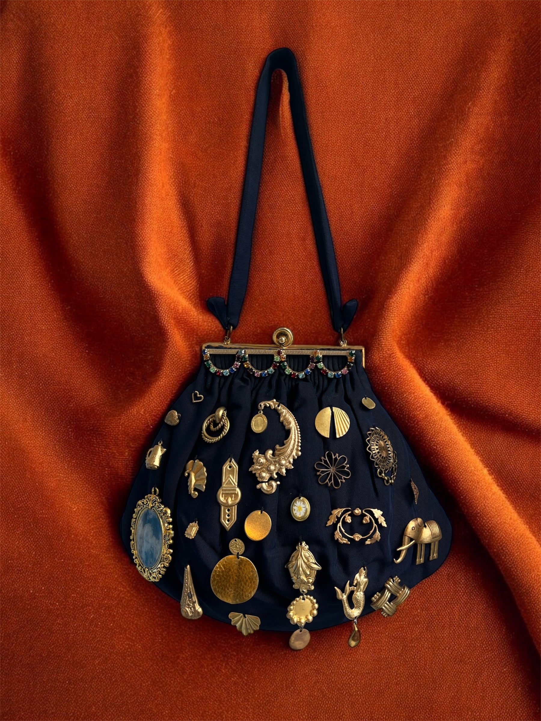 1950s Navy Diamanté Gathered Charm Bag