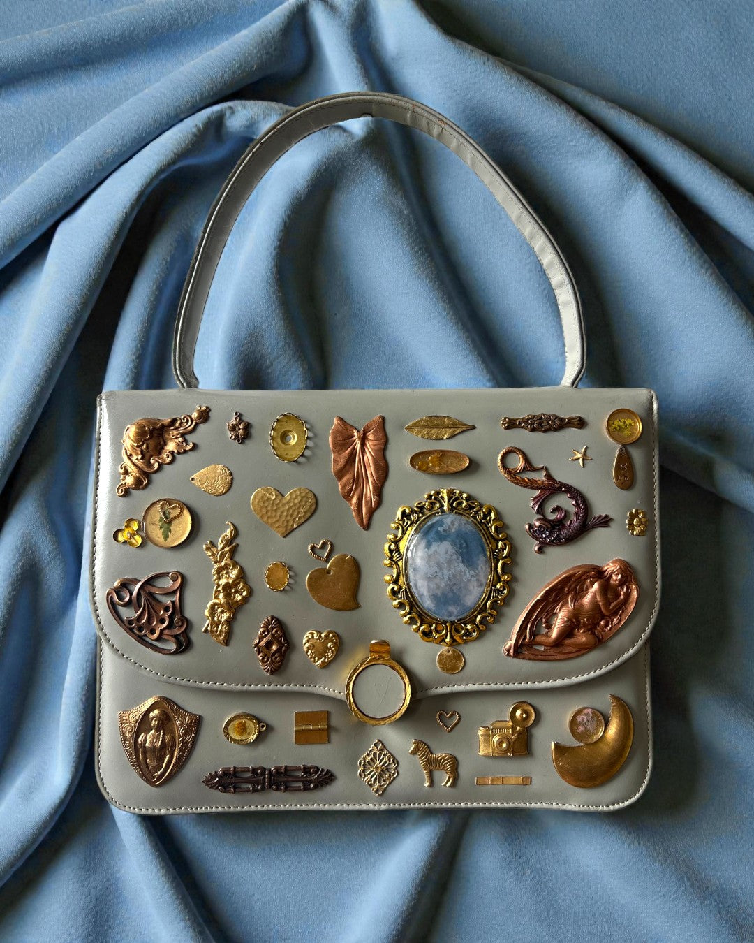 1950s Grey Leather Gathered Charm Bag