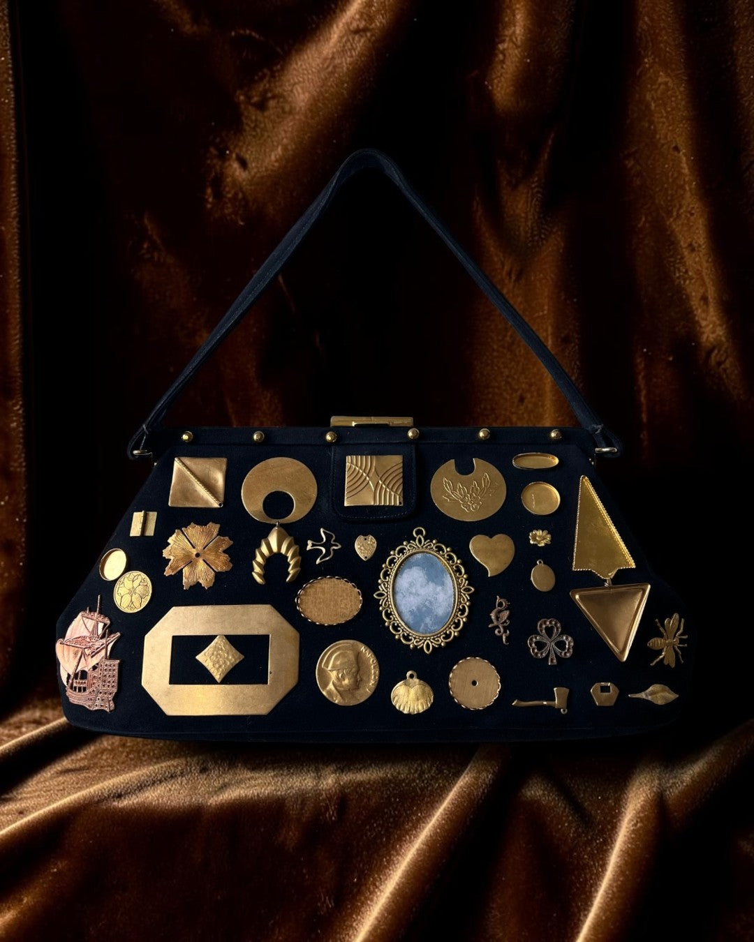 1950s Black Suede Gathered Charm Bag