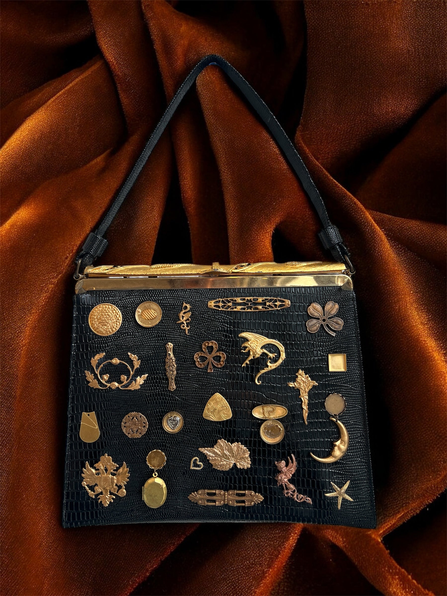 1960s Black & Gold Gathered Charm Bag