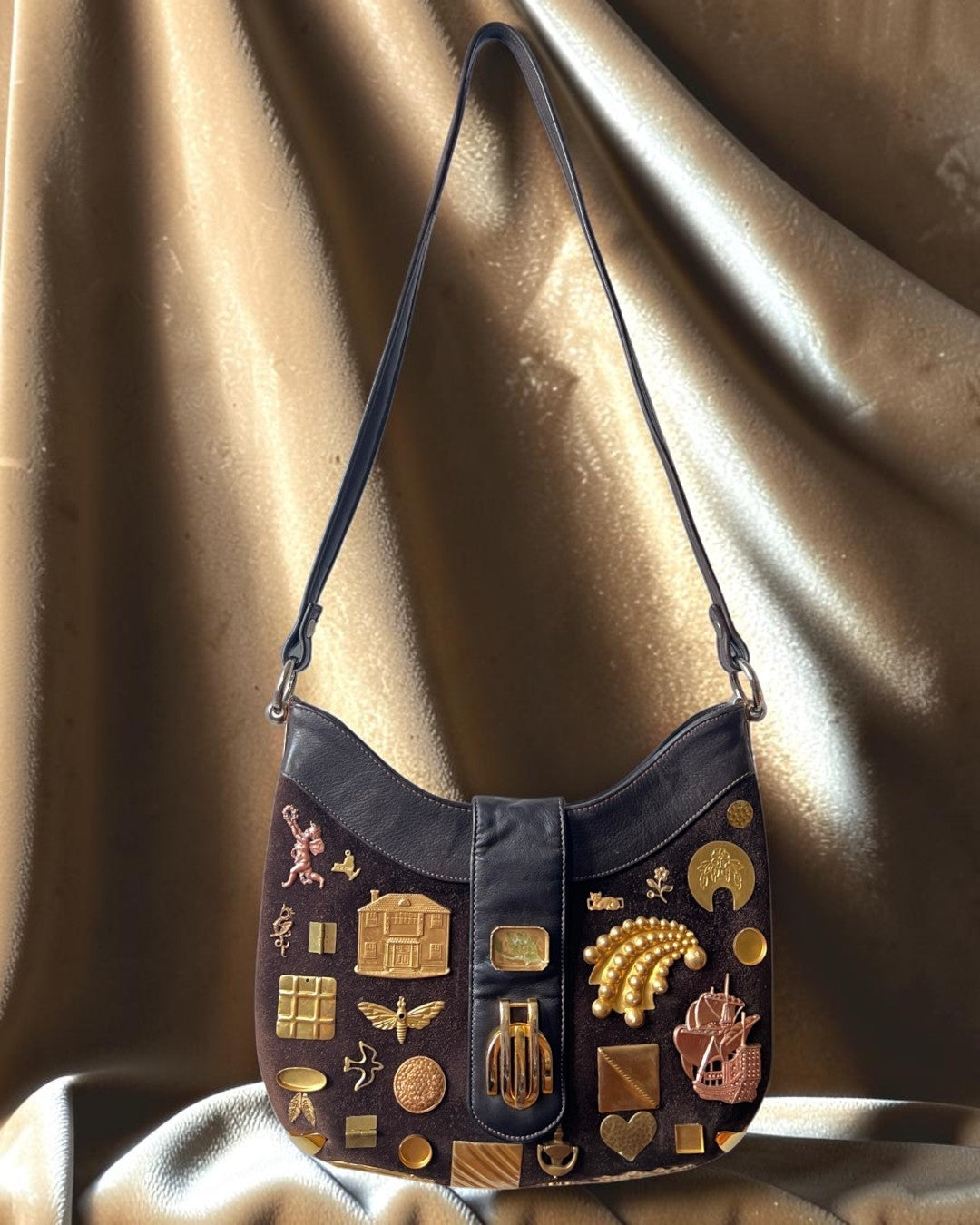 1960s Dark Brown Suede Gathered Charm Bag