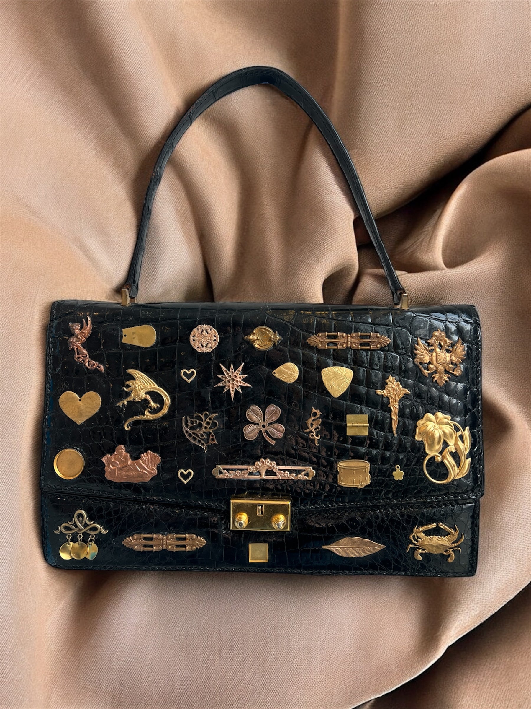 1960s Black Croc Gathered Charm Bag