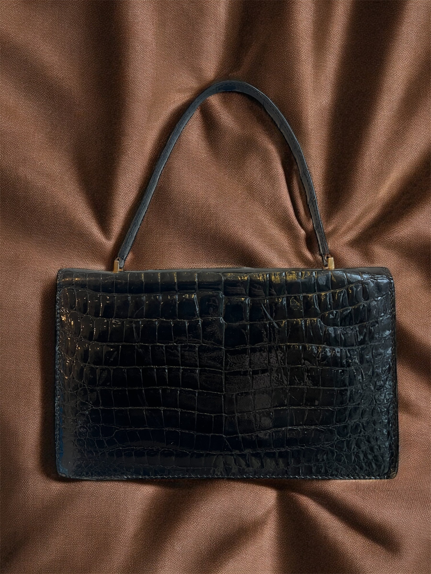 1960s Black Croc Gathered Charm Bag
