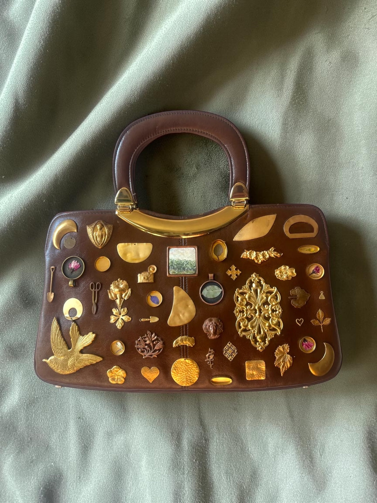 1960s Brown Patent Leather Gathered Charm Bag
