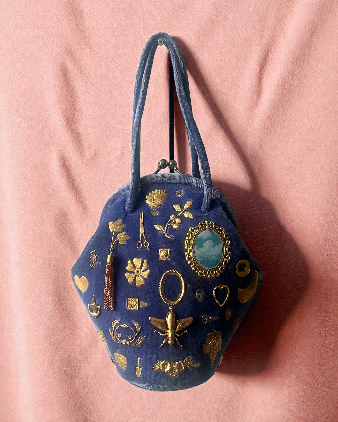1940s Blue Velvet Gathered Charm Bag