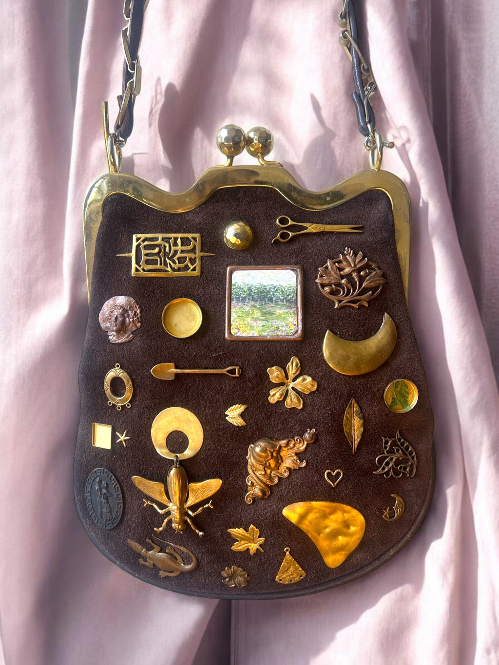 1960s Brown Suede Gathered Charm Bag