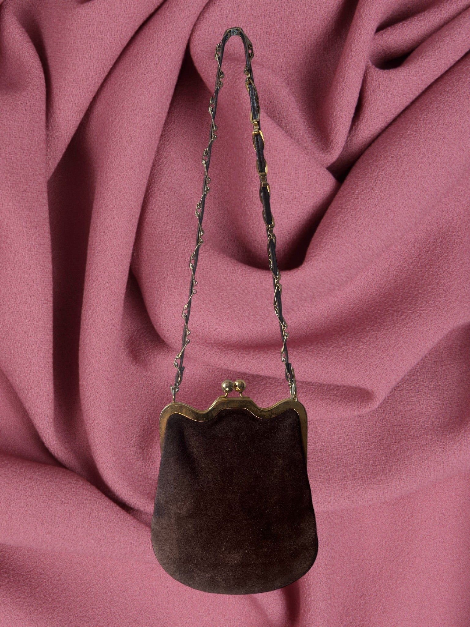 1960s Brown Suede Gathered Charm Bag
