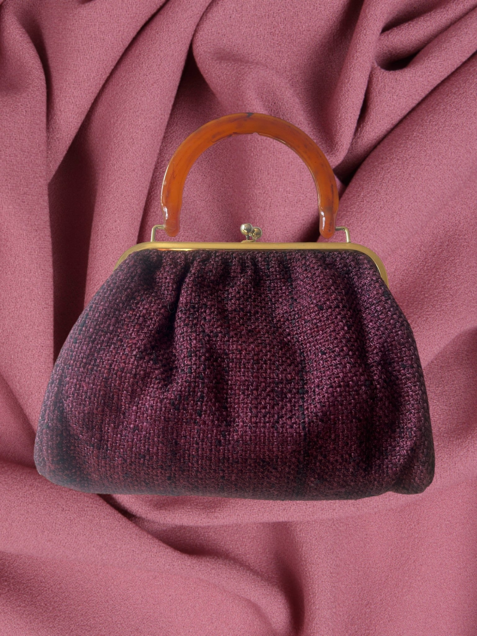 1950s Violet Tweed Large Gathered Charm Bag