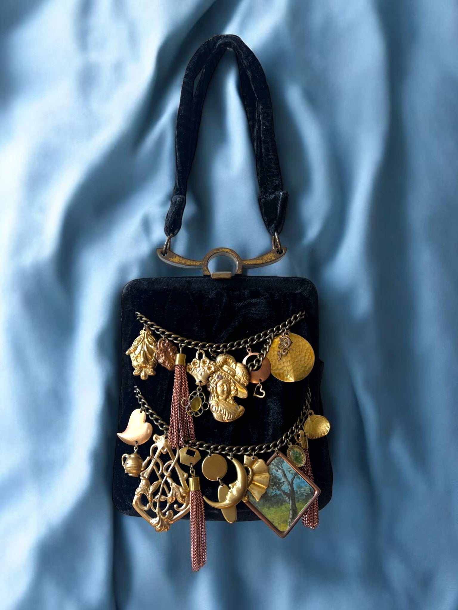 1930s Black Velvet Mini Gathered Charm Bag