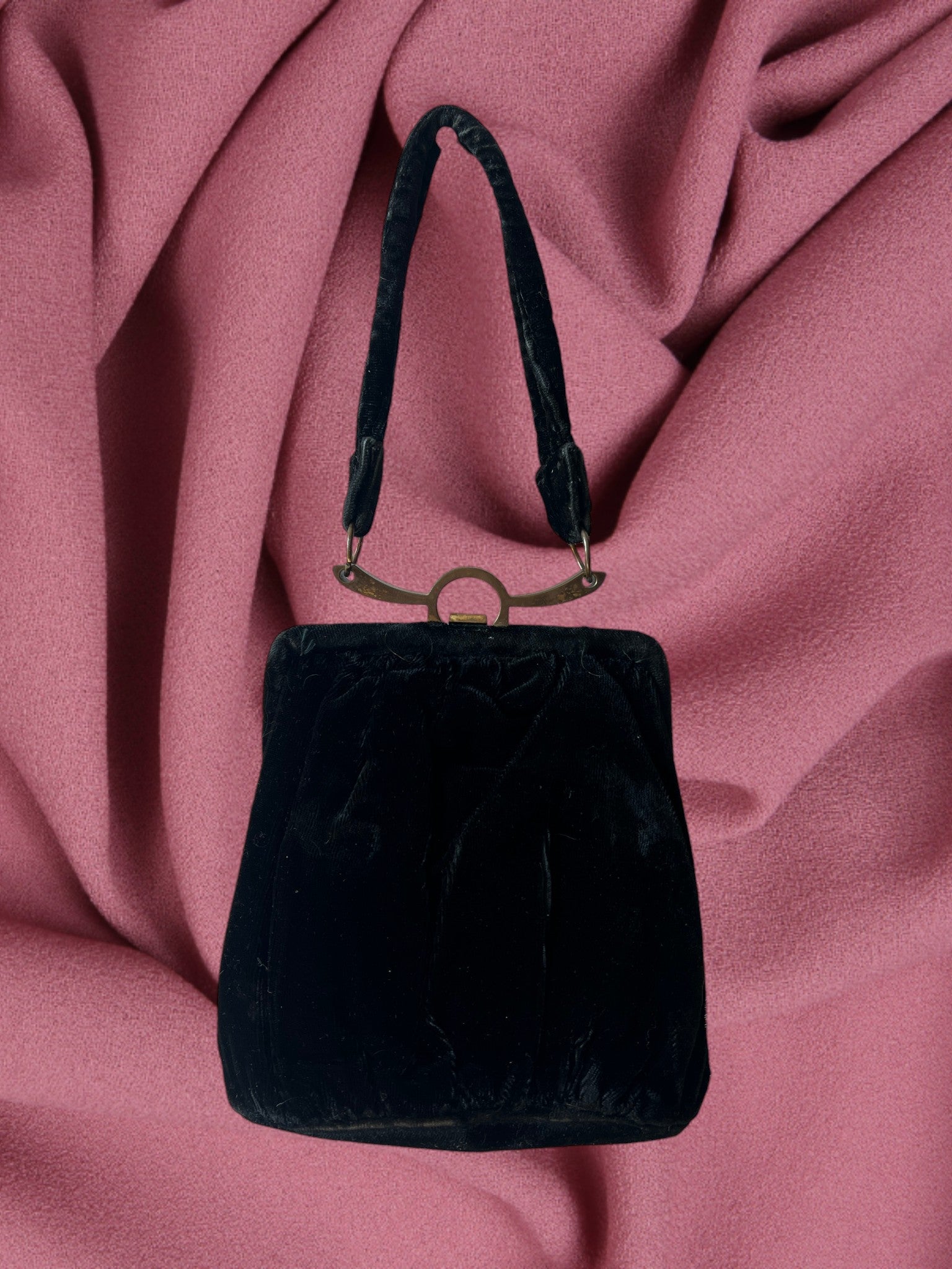 1930s Black Velvet Mini Gathered Charm Bag