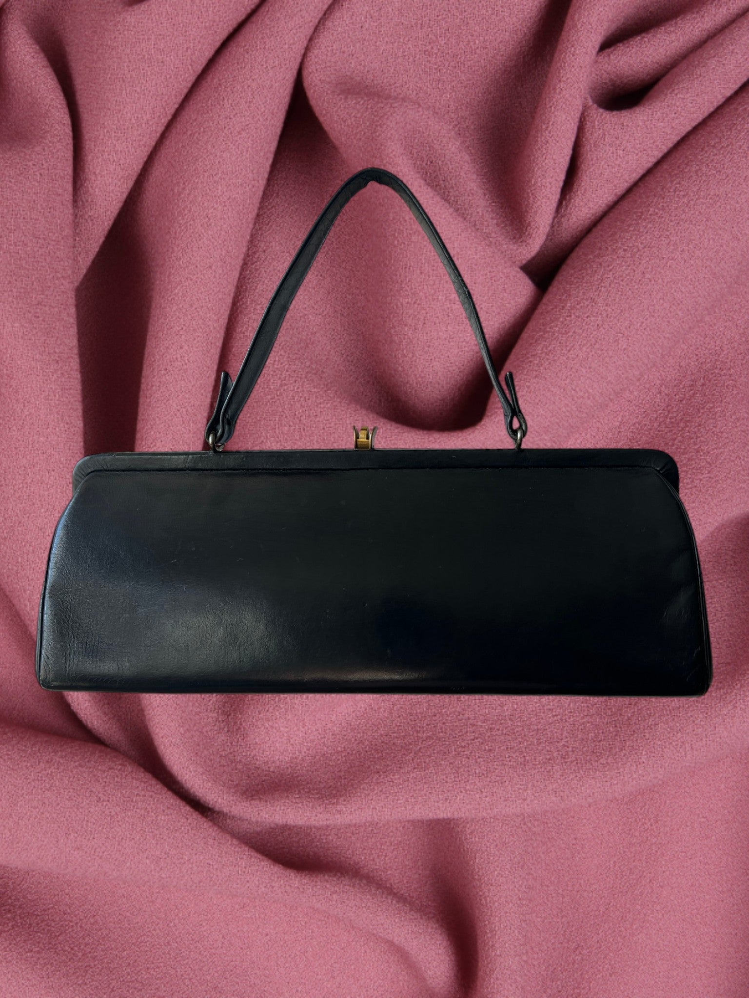 1950s Black Leather Gathered Charm Bag