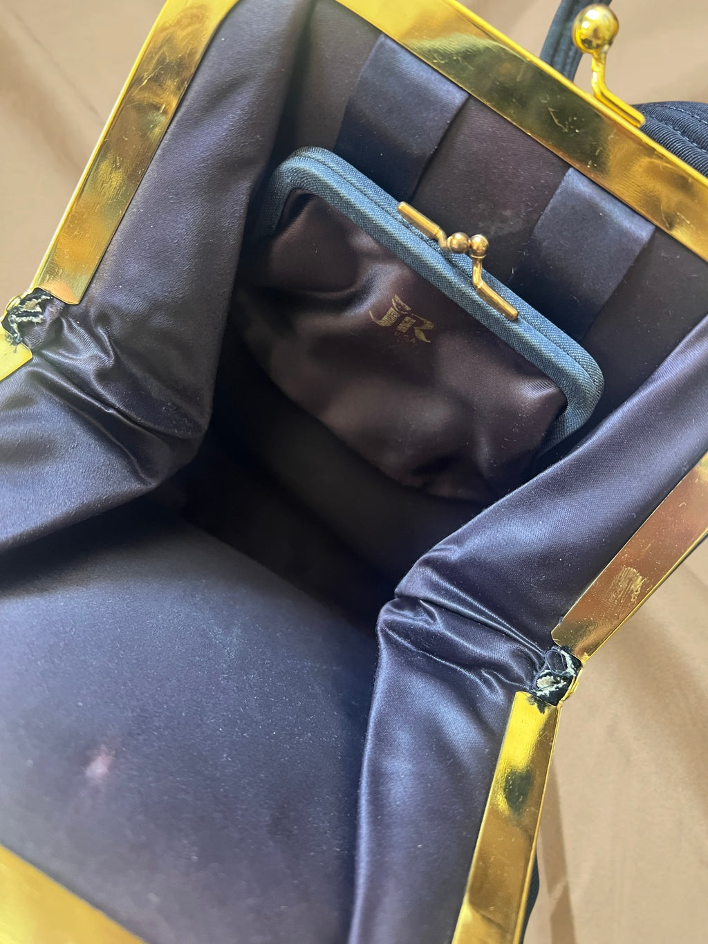 1940s Navy Fabric Gathered Charm Bag