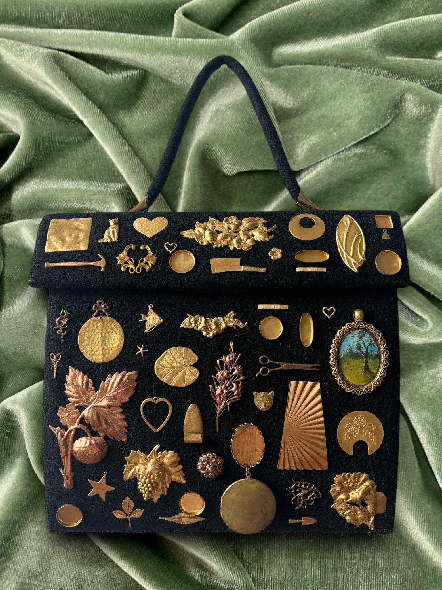 1950s Black Wool Large Gathered Charm Bag