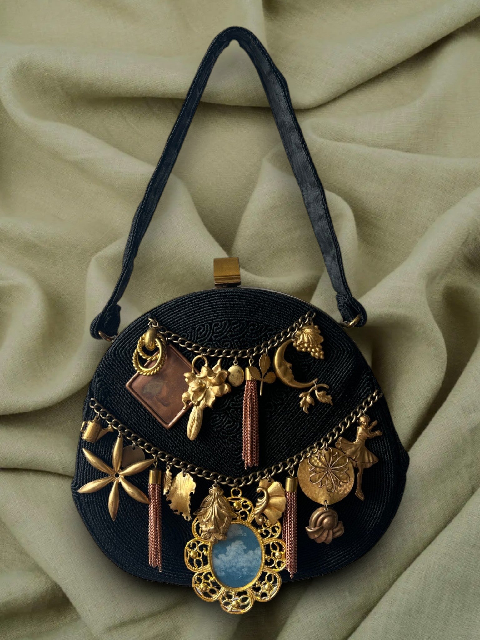 1940s Black Corde Chain Gathered Charm Bag