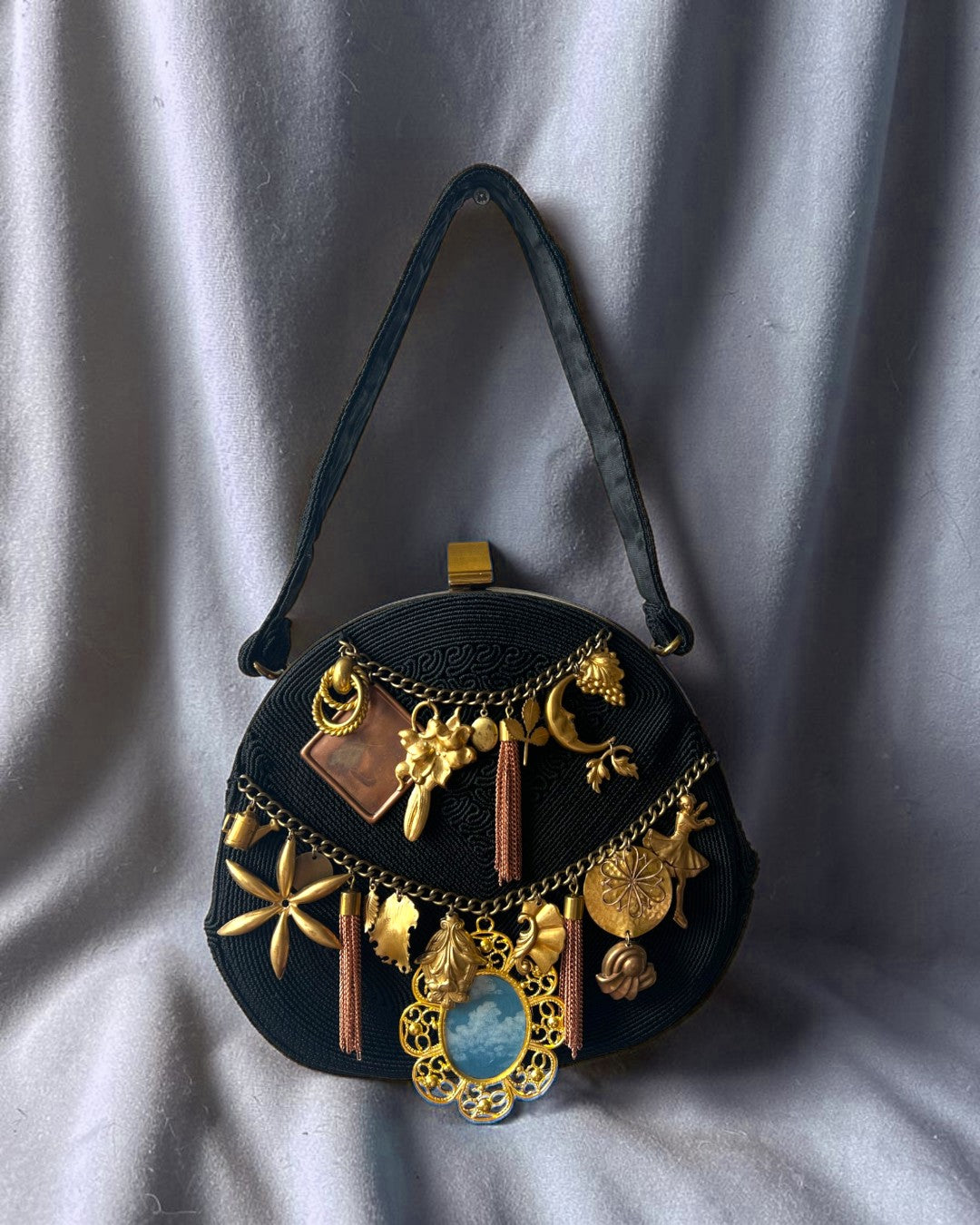 1940s Black Corde Chain Gathered Charm Bag