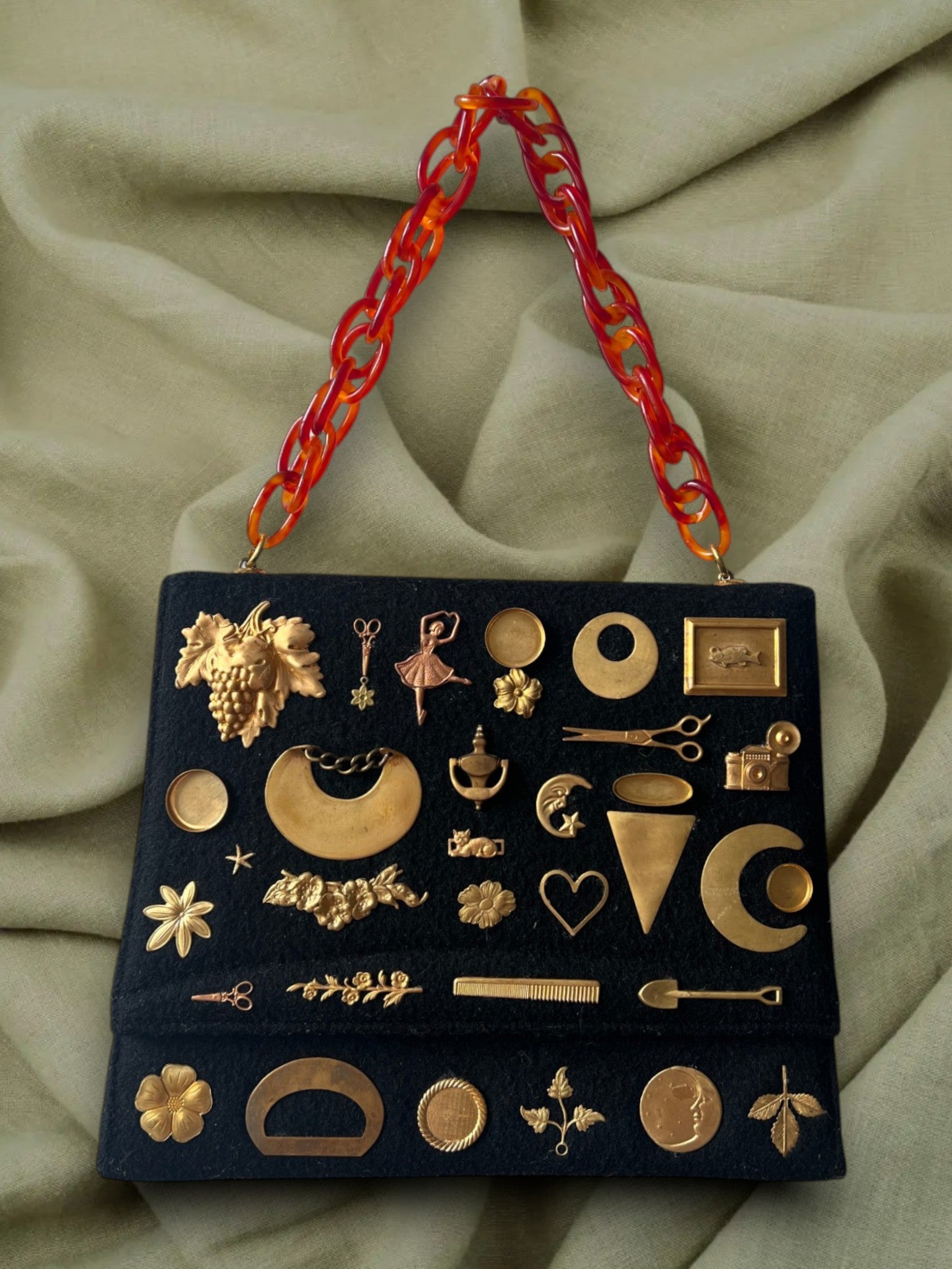 1950s Black Wool Gathered Charm Bag