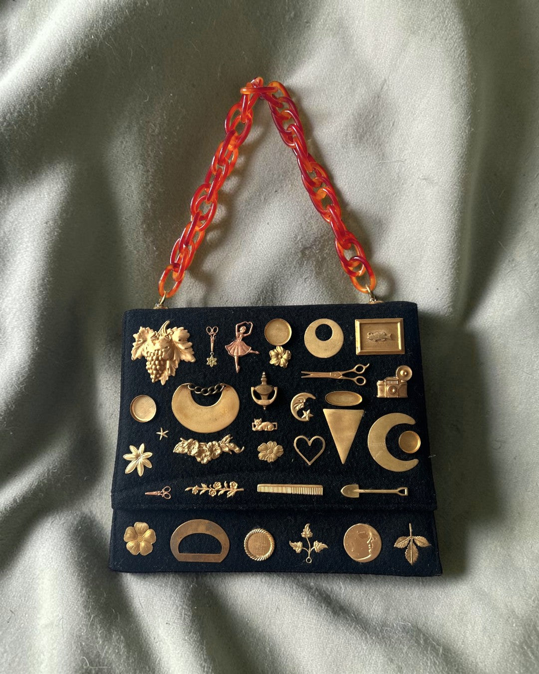 1950s Black Wool & Lucite Gathered Charm Bag
