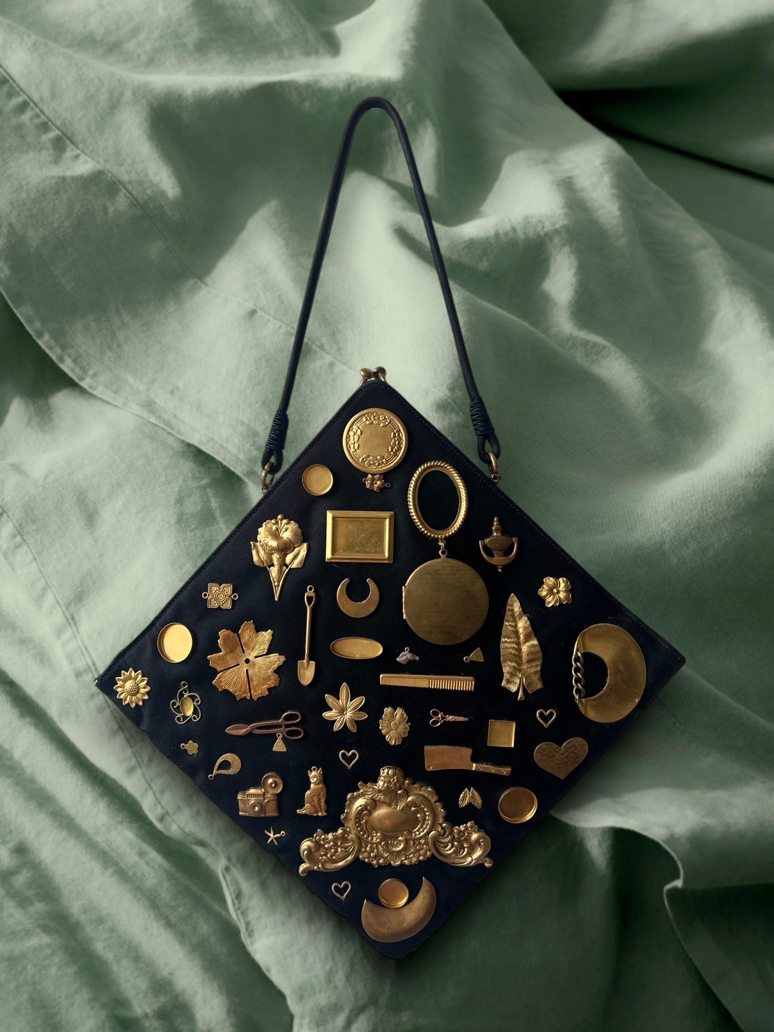 1940s Black Satin Gathered Charm Bag