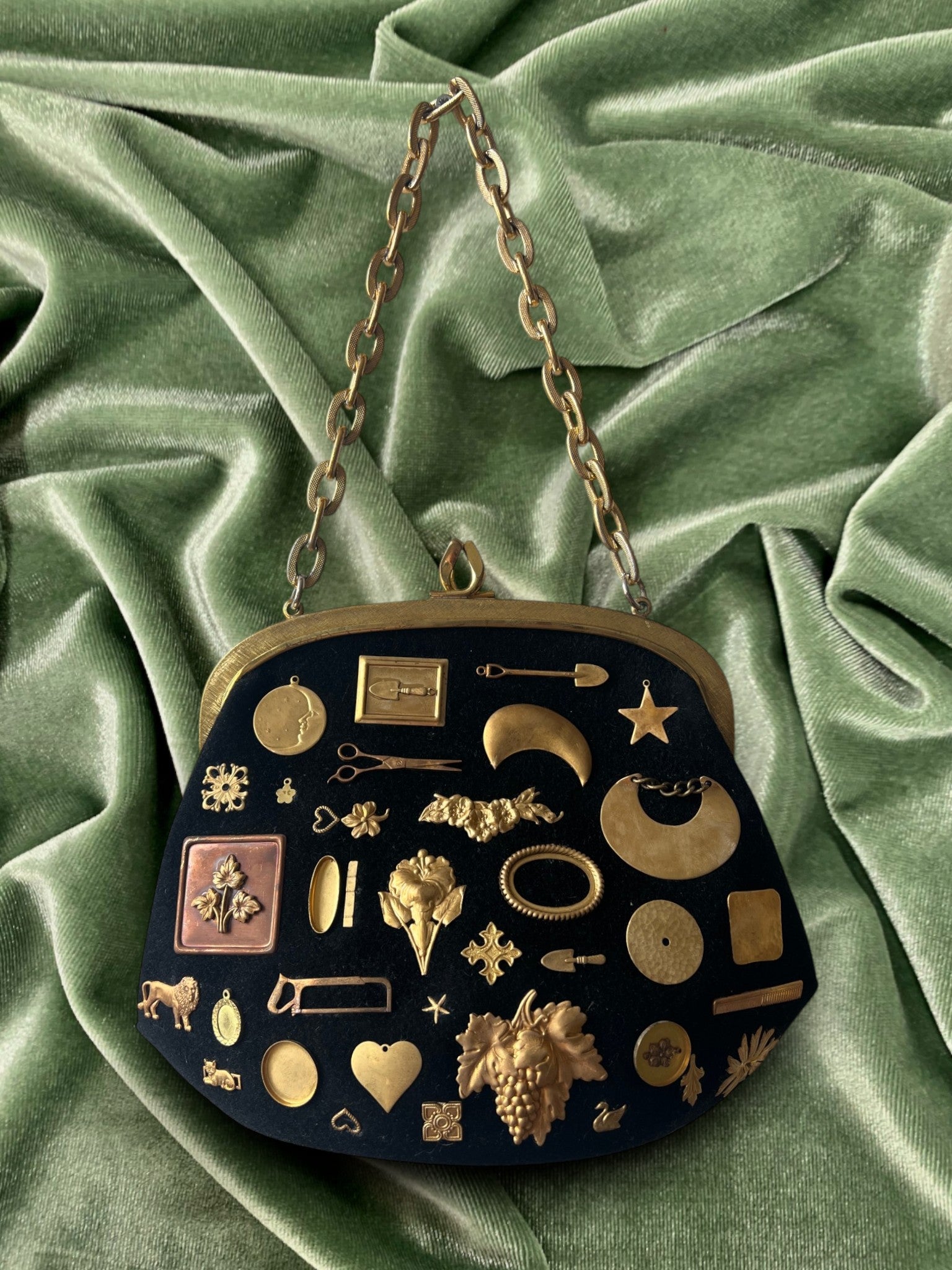 1950s Black Felted Gathered Charm Bag