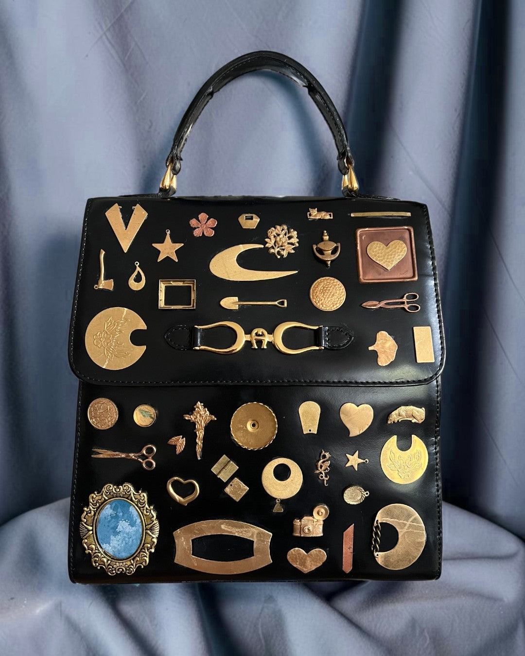 1960s Black Leather Gathered Charm Bag