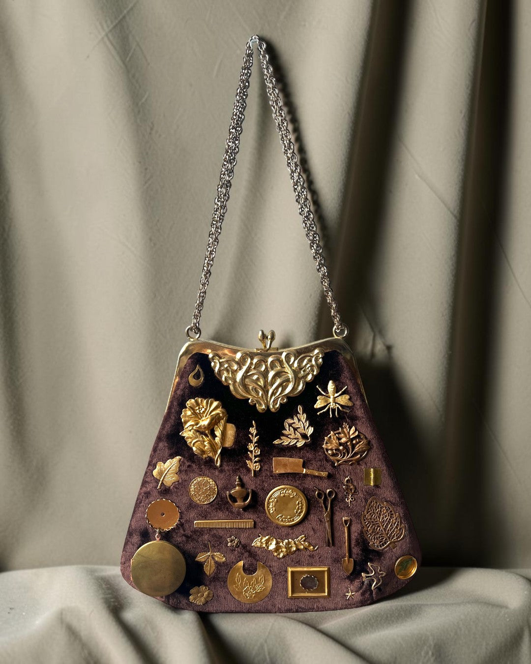 1960s Dark Brown Velvet Gathered Charm Bag