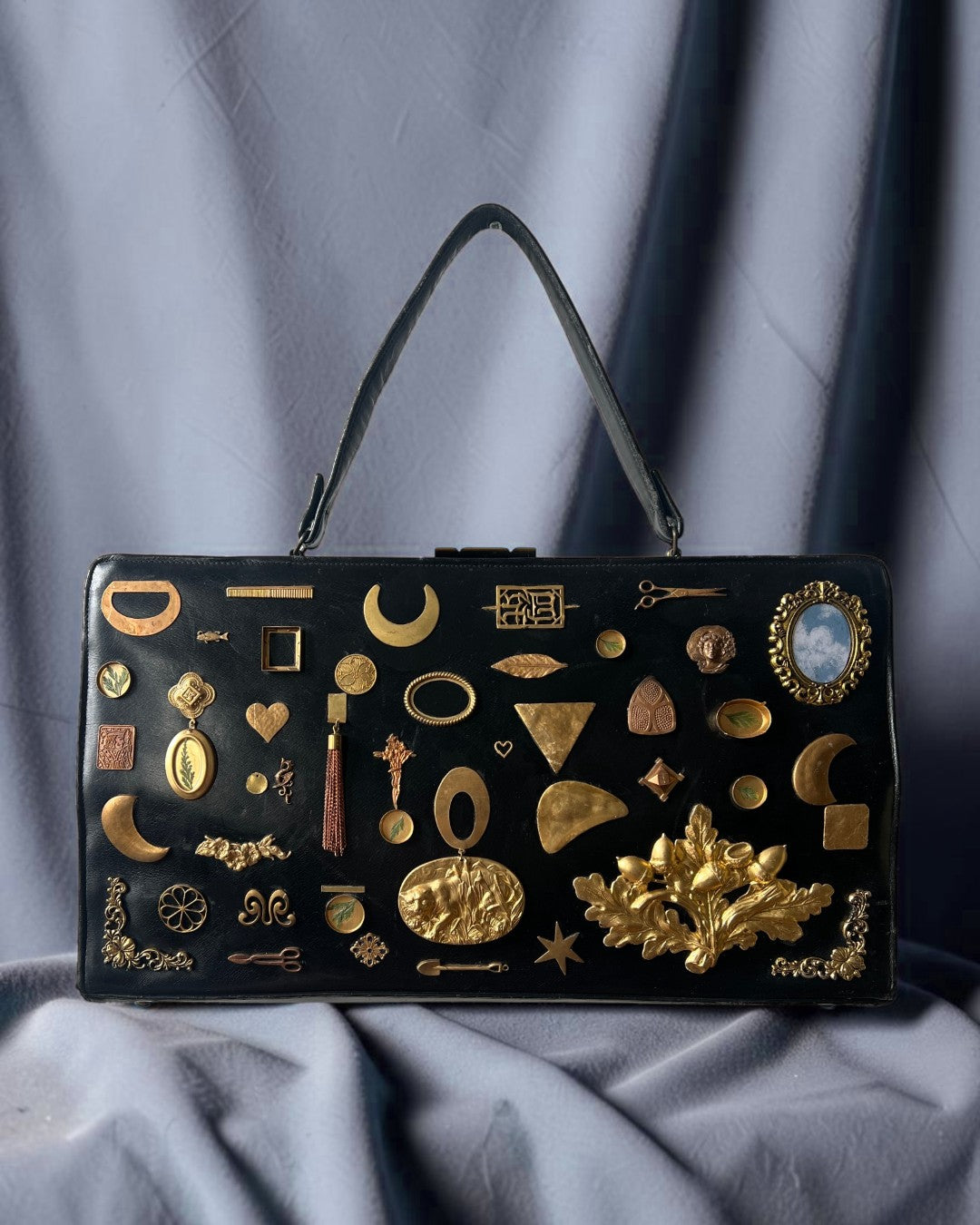1960s Black Leather XL Gathered Charm Bag
