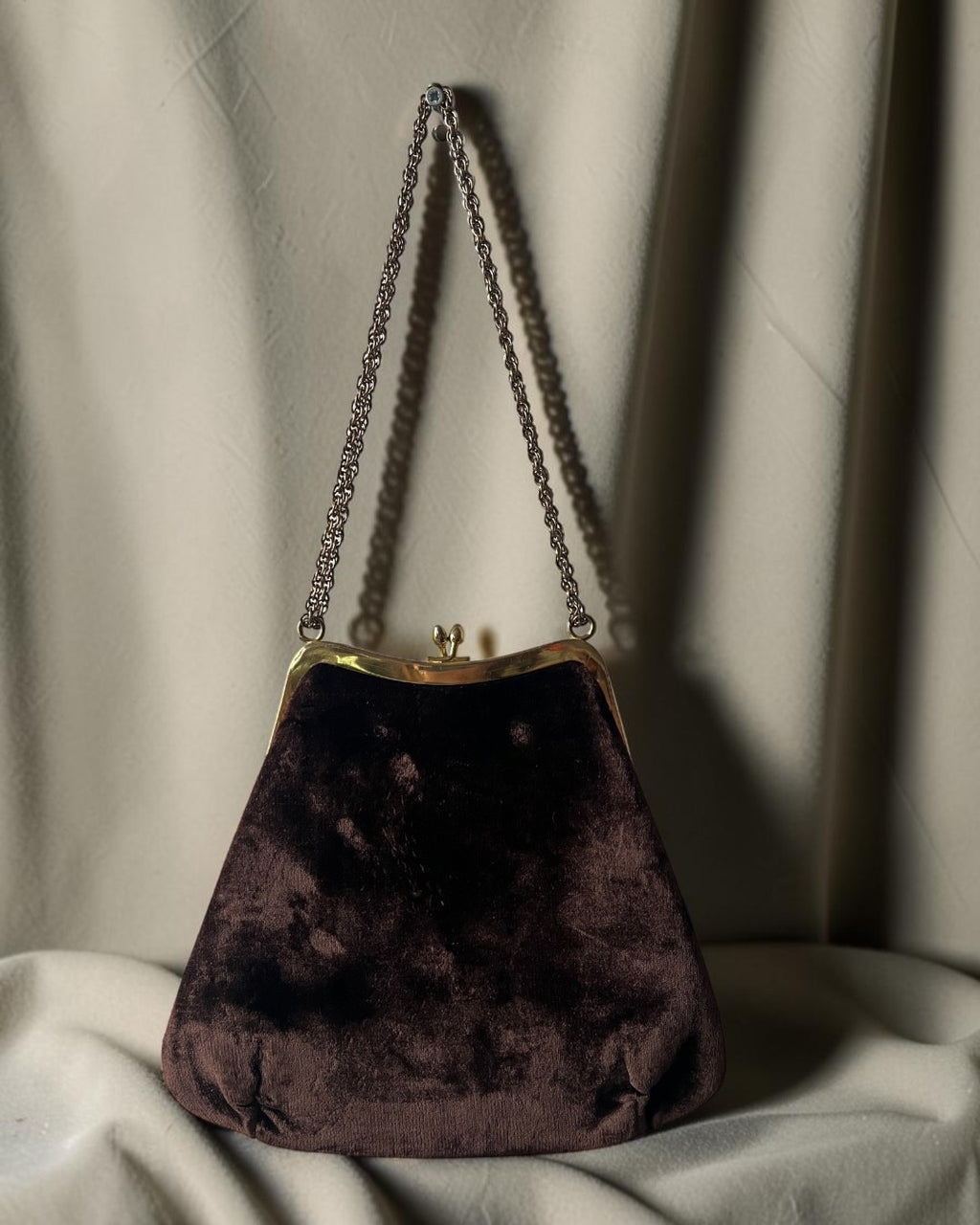 1960s Dark Brown Velvet Gathered Charm Bag