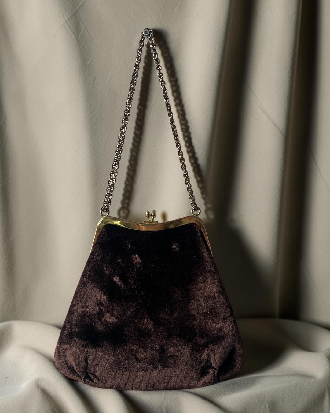 1960s Dark Brown Velvet Gathered Charm Bag