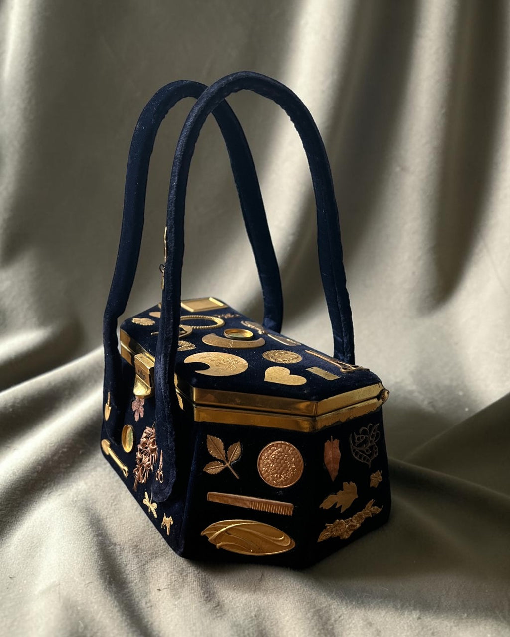 1930s Navy Velvet Box Gathered Charm Bag
