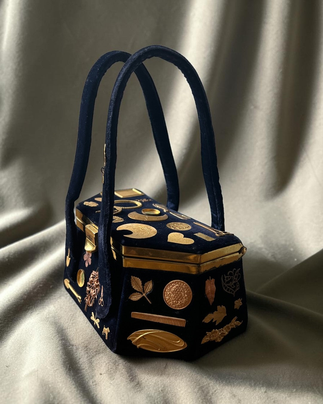 1930s Navy Velvet Box Gathered Charm Bag