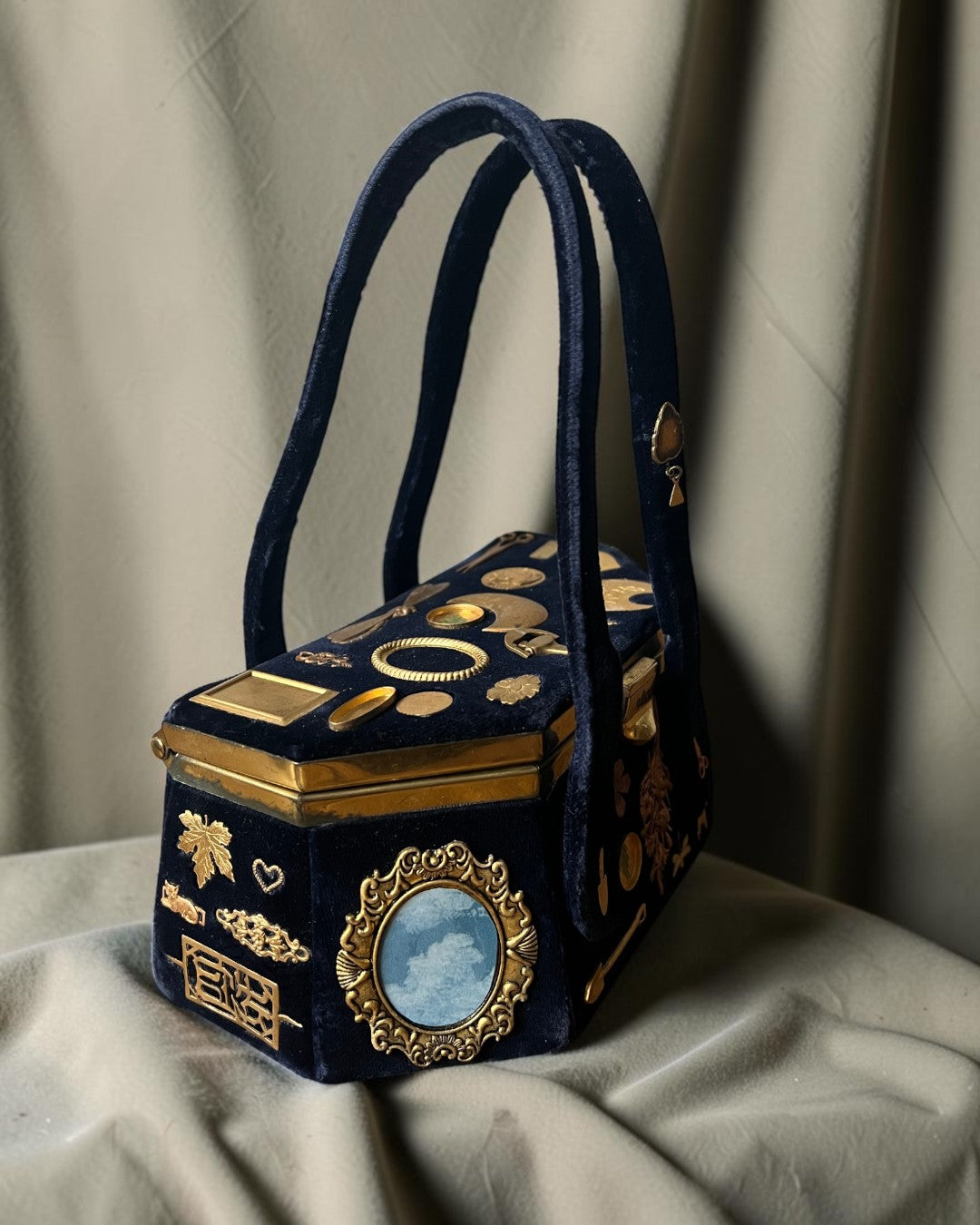1930s Navy Velvet Box Gathered Charm Bag