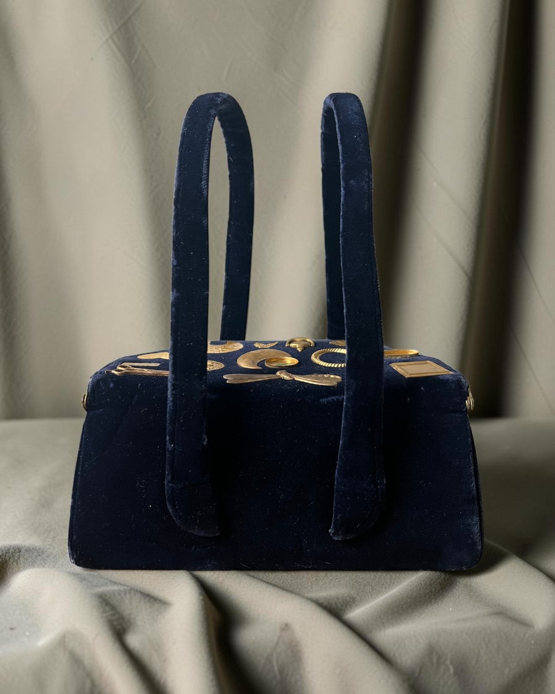 1930s Navy Velvet Box Gathered Charm Bag