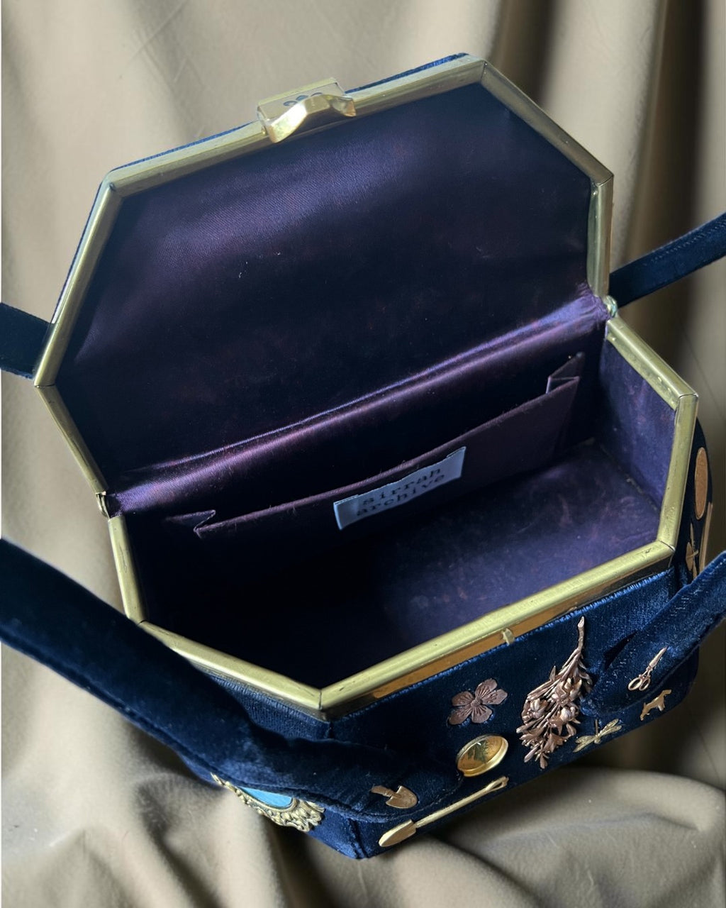 1930s Navy Velvet Box Gathered Charm Bag