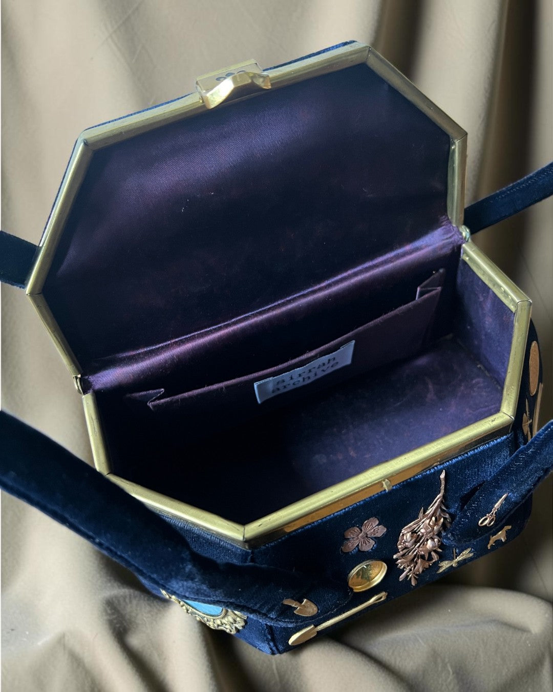 1930s Navy Velvet Box Gathered Charm Bag
