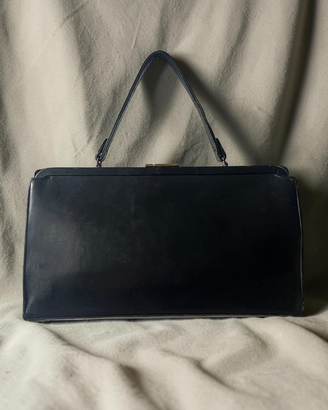 1960s Black Leather XL Gathered Charm Bag
