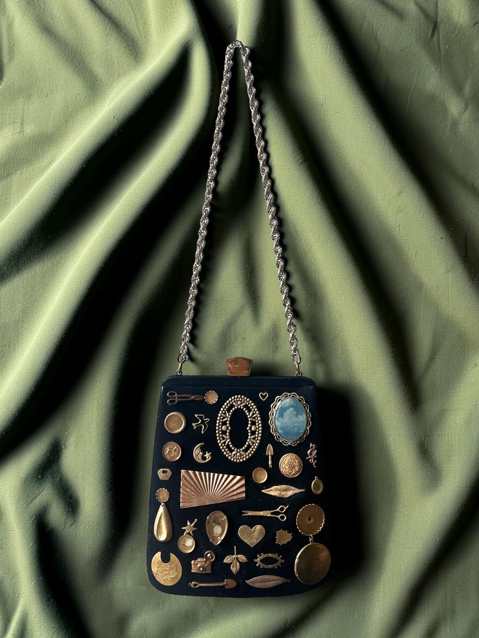 1960s Black Suede Gathered Charm Bag