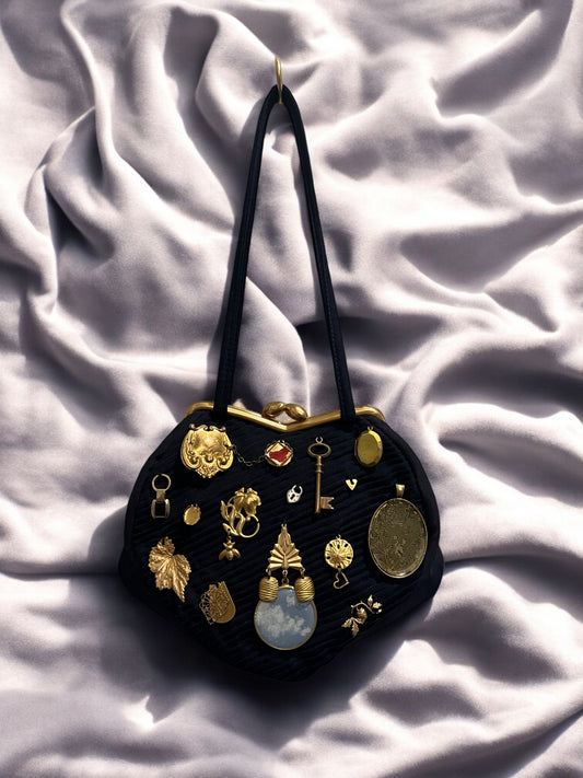 1940s Navy Pleat Fabric ‘Gathered Charm’ Bag