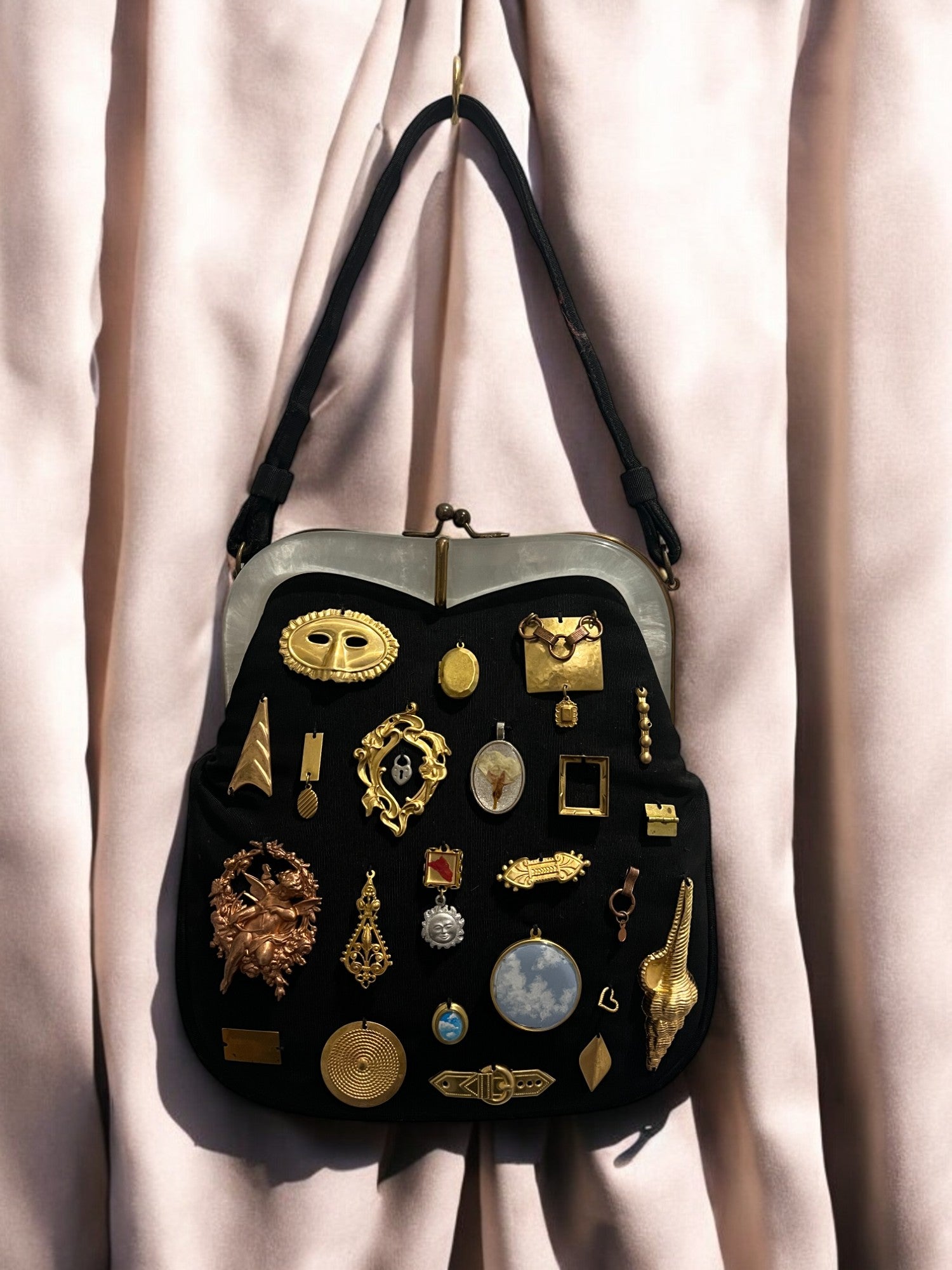 1940s Black Fabric w/Lucite ‘Gathered Charm’ Bag