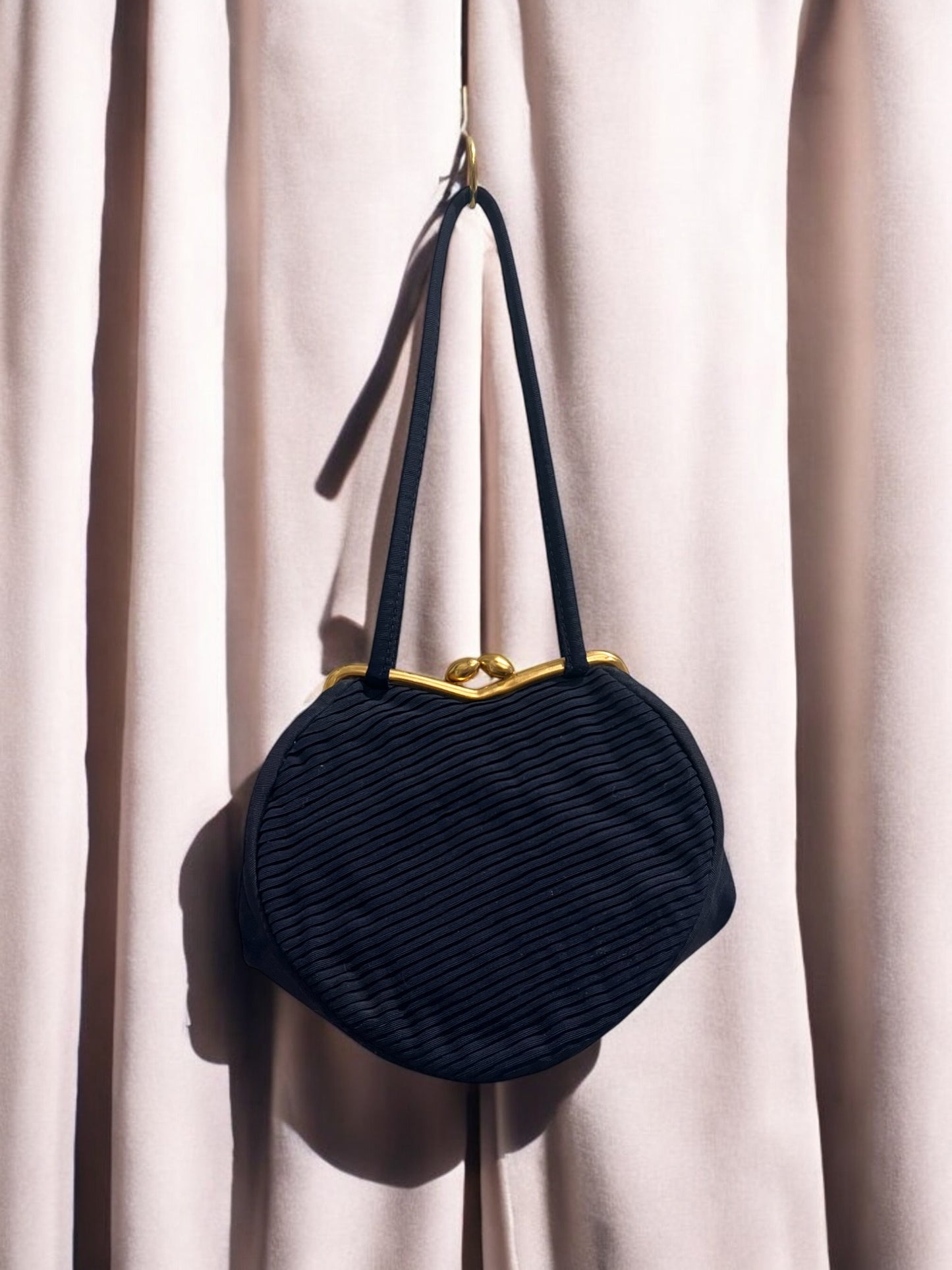 1940s Navy Pleat Fabric ‘Gathered Charm’ Bag