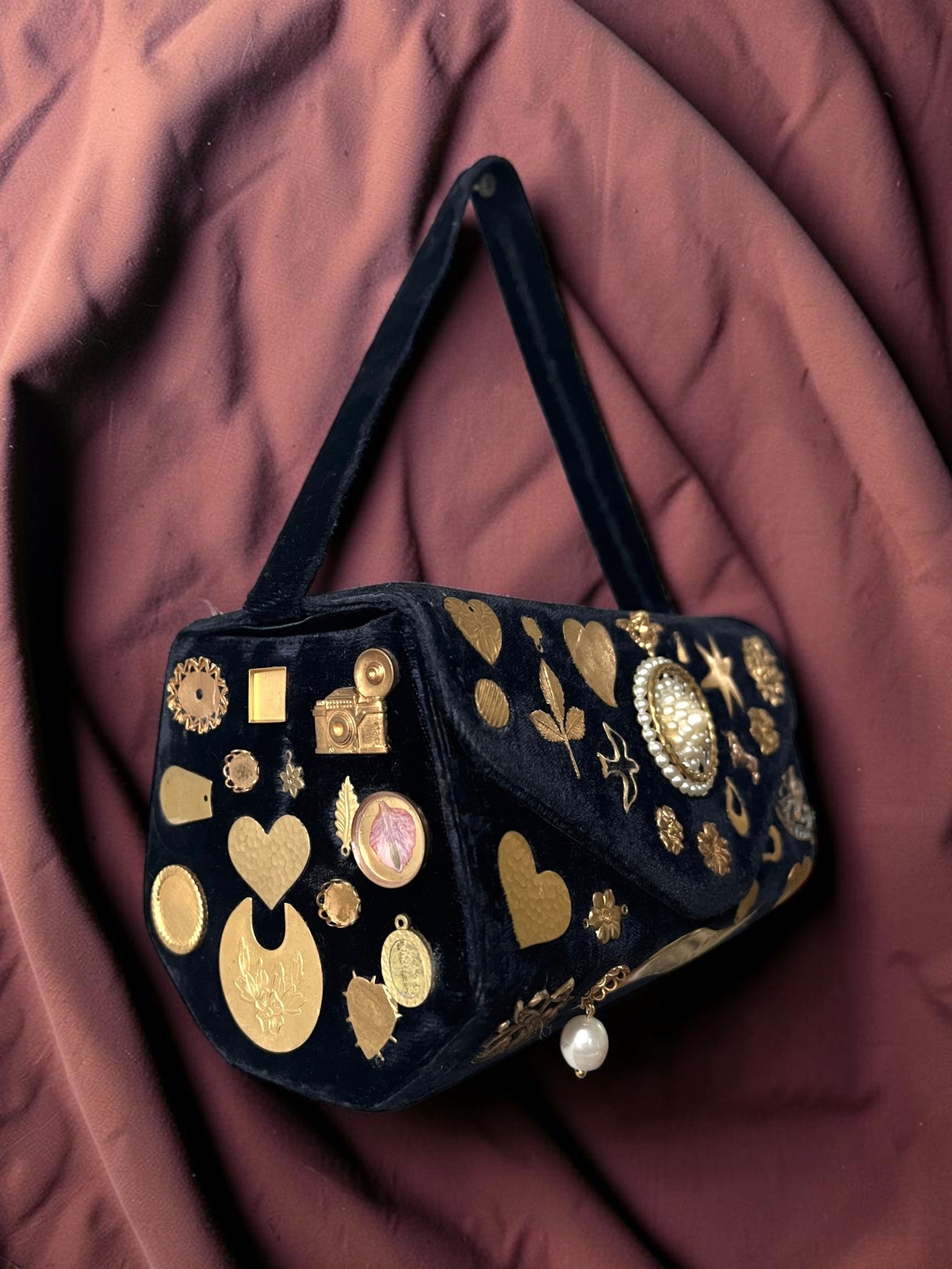 1940s Navy Velvet Gathered Charm Bag