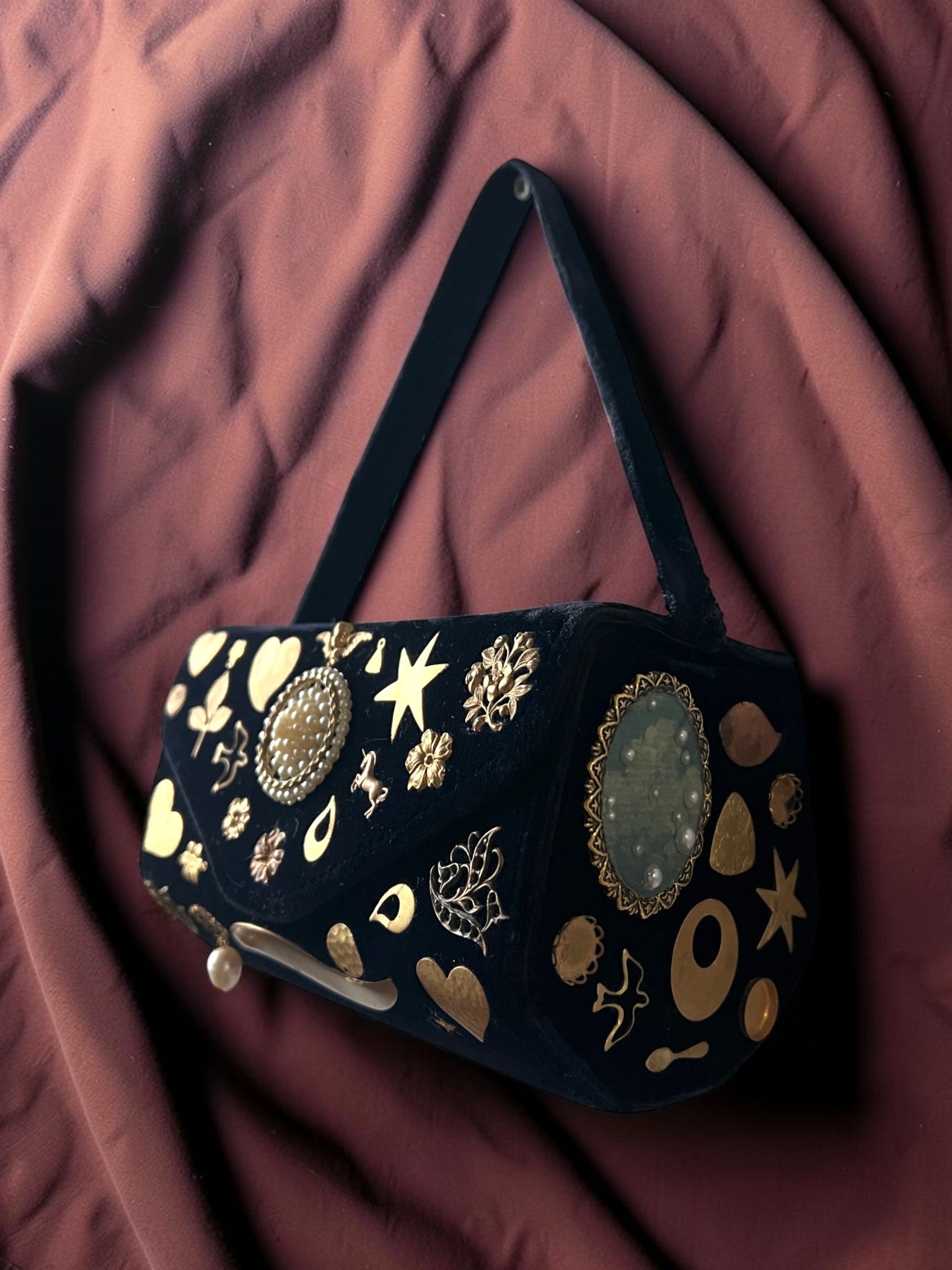 1940s Navy Velvet Gathered Charm Bag