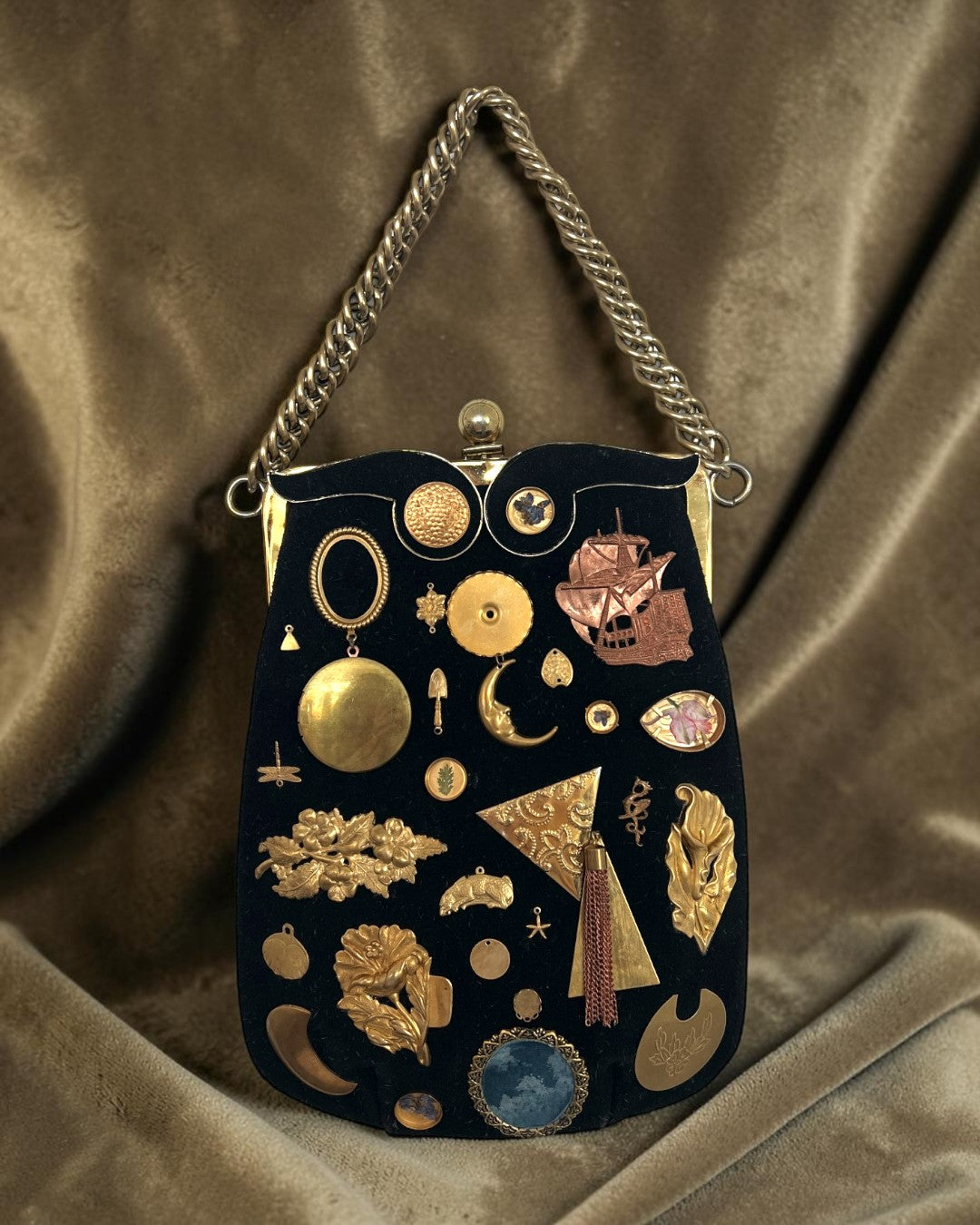 1960s Black Suede Gathered Charm Bag