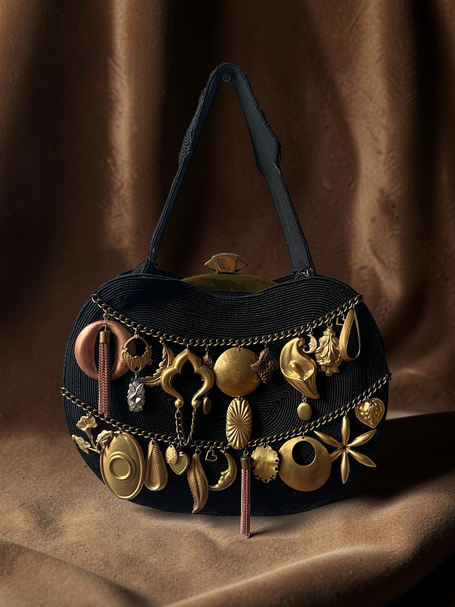 1940s Black Corde Gathered Charm Bag