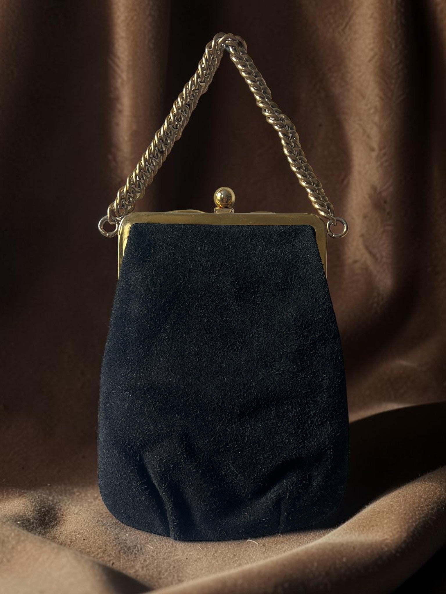 1960s Black Suede Gathered Charm Bag